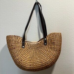 Sangress Costa Straw Woven Half-Moon Tote Bag with Faux Leather Straps